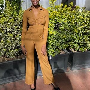 Fashion Nova Mustard Long-Sleeve Button-Front Jumpsuit
